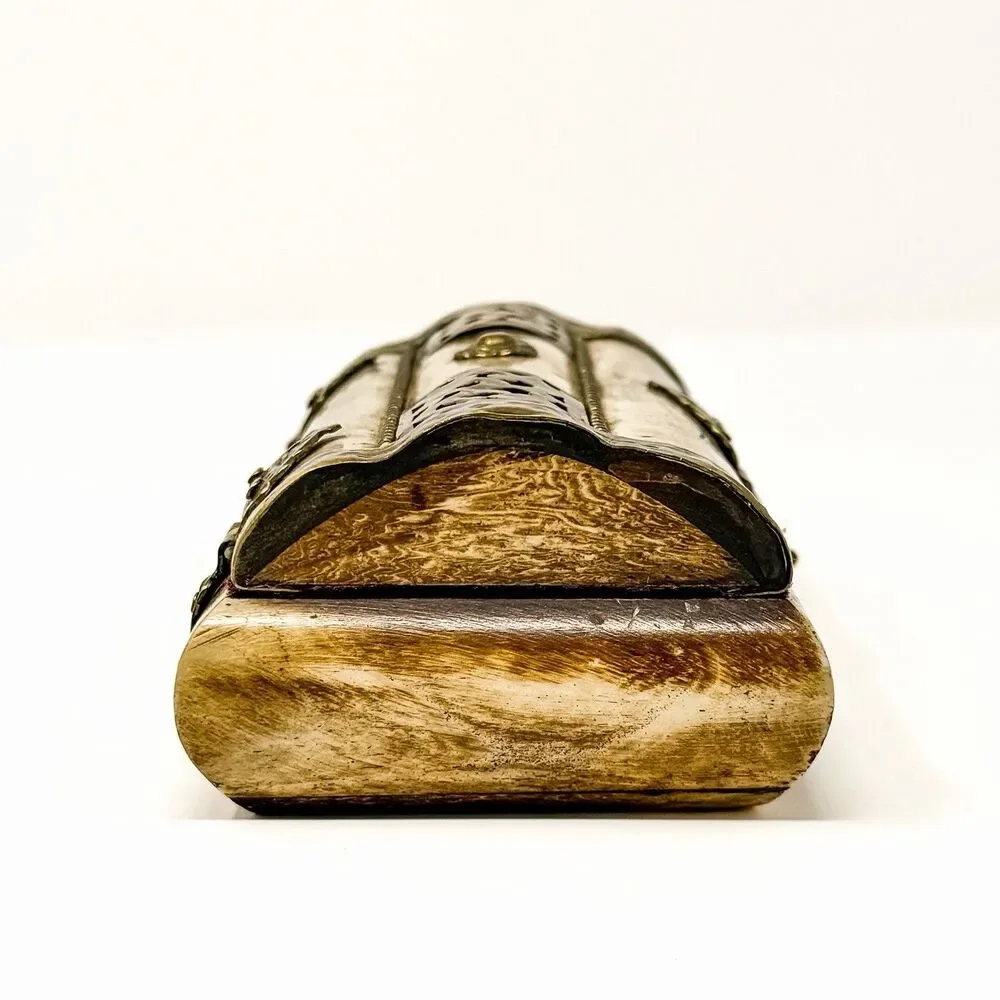 Vintage Handmade Camel Bone Jewelry Box Brass Inlay Trinket Keepsake Box 6”